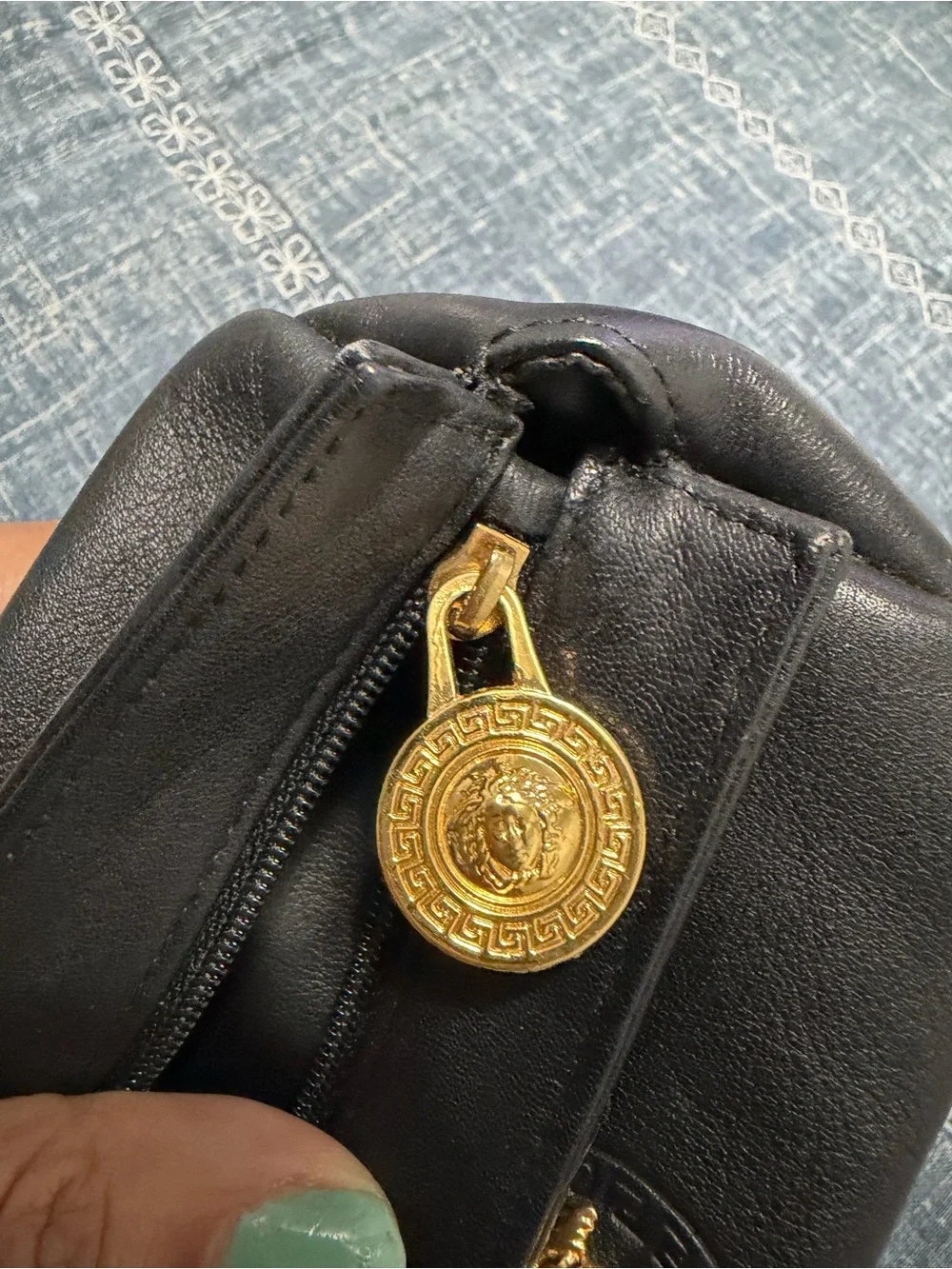 Versace Black Leather Cosmetic Pouch with Gold Medallion